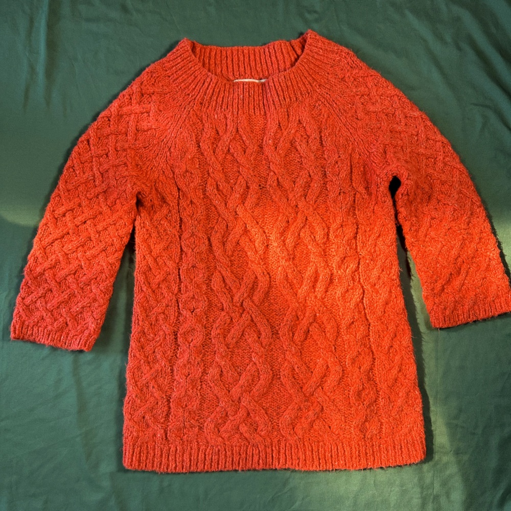 Loft Orange/Coral Acrylic/Poly/Cotton Blend Cable Knit Sweater Sz XS, 3/4 Sleeve